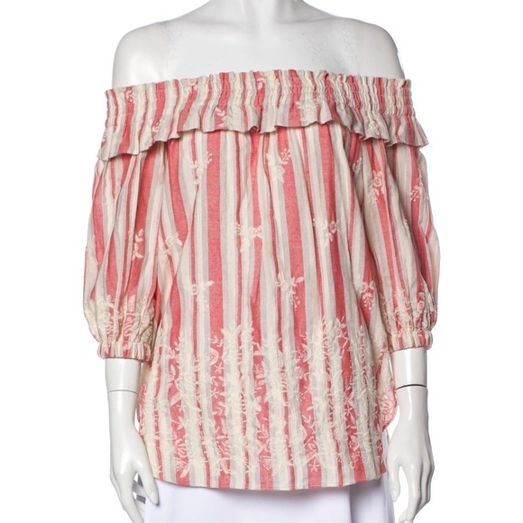 Misa Los Angeles Striped Off The Shoulder Smocked Embroidered Boho Top - Picture 10 of 10